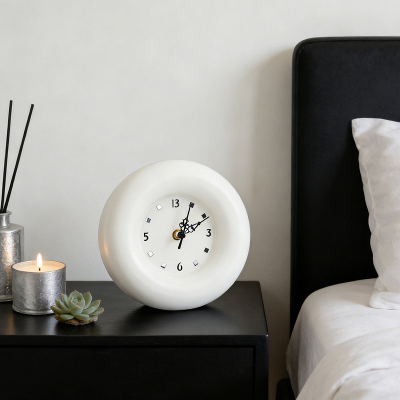 Horloge de table en métal, silencieuse, à piles, de style moderne et minimaliste, ronde, idéale pour le salon, la chambre ou une étagère.