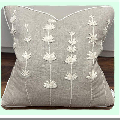 Linen Daisy Accent Pillow Cover - Hand Embroidered Square Decor for Master Bedroom, New Home, Anniversary - Farmhouse Couch Sofa Decor