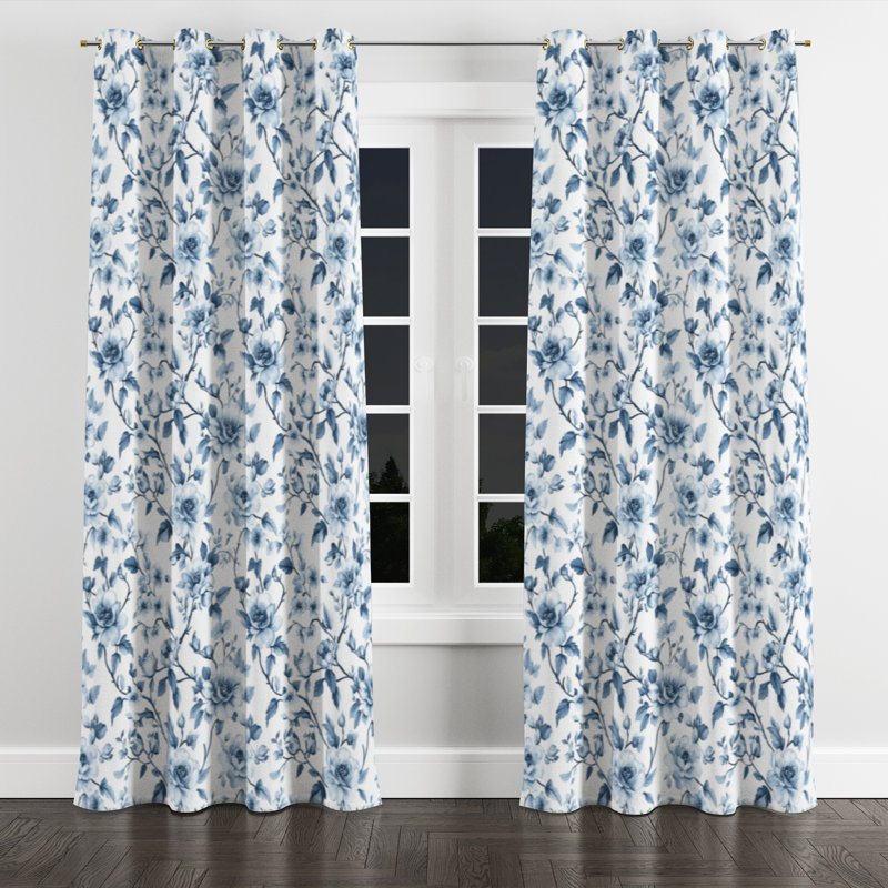 French Country Room Darkening Curtains - Blue Boid Grommet Curtain - 1 Panel, Gold Grommets, 52" W x 63" L
