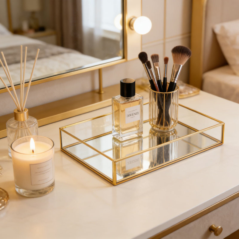 Plateau à miroir décoratif avec cadre doré - Organisateur de bijoux et de parfums pour meuble-lavabo, commode, salle de bain ou chambre à coucher