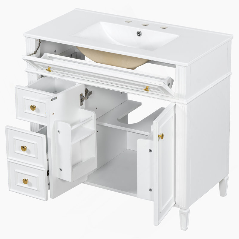 Meuble-lavabo de salle de bain avec lavabo, armoire en bois avec tiroir et 2 portes à fermeture en douceur, Blanc