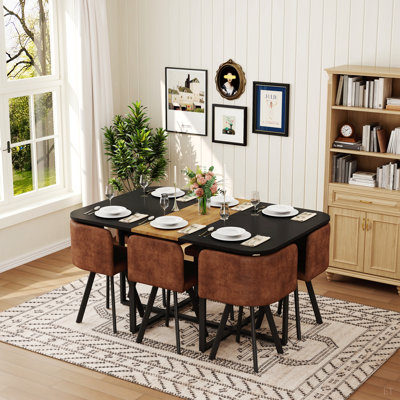 Ensemble de table de salle à manger 7 pièces avec 6 chaises en suède et table de triamine en grain de bois, mobilier de salle à manger de cuisine moderne pour petits espaces, appartement, restaurant