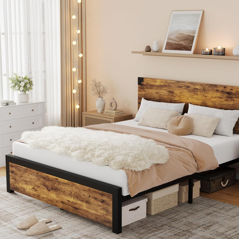 Structure de lit double avec tête de lit en bois, plateforme avec rangement sous le lit et pieds en métal, sans bruit, aucun sommier requis, assemblage facile - brun rustique