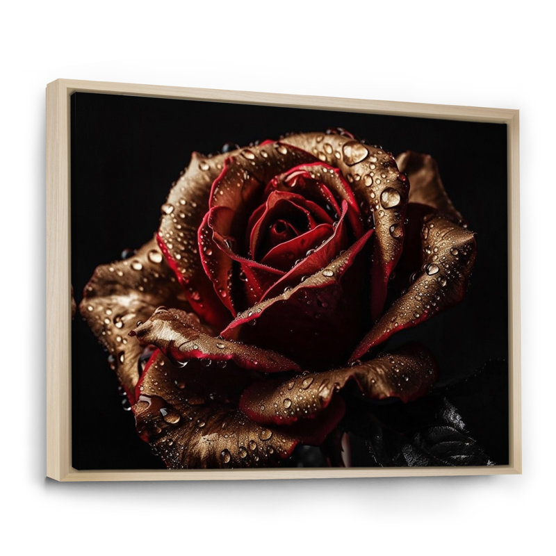 Morning Dew On Exquiste Red Rose - Art mural rose, Cadre naturel flottant, H 24 po x l 32 po x P 1 po