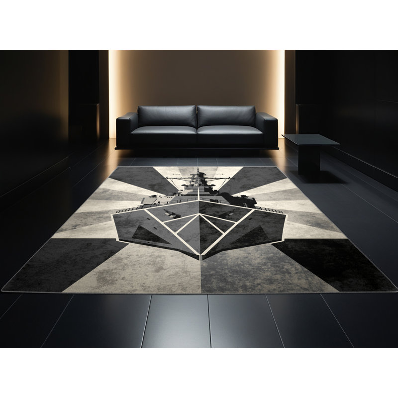 Machine Washable Eldred Naval Destroyer Ship Industrial Geometric Rug in Gray – Gray Binding, 3x5