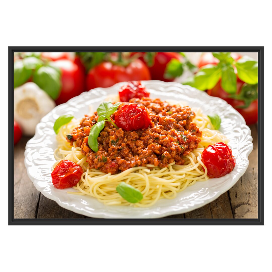 Gerahmtes Wandbild Spaghetti Bolognese auf dem Teller