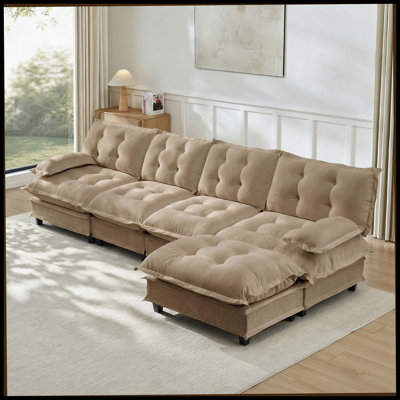 138" L Shaped Modern Sofa Modular Sectional Cloud Couch With Ottoman, 4-Seat Chenille Deep Seat Sofa With Comfy Lattice Decored Seat Cushion, Bedroom And Apartment, Light Coffee