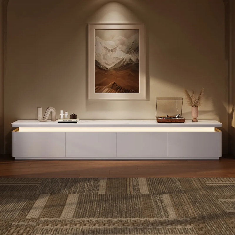 Modern TV Stand With Adjustable LED Lights, Sintered Stone Top, Fully Assembled, 15.75"H x 94"L x 15.95"W, White