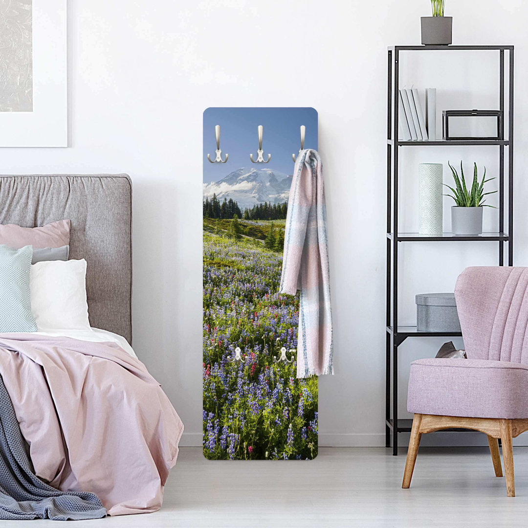 Meadow with Flowers in front of Mt. Rainier Wall Mounted Coat Rack