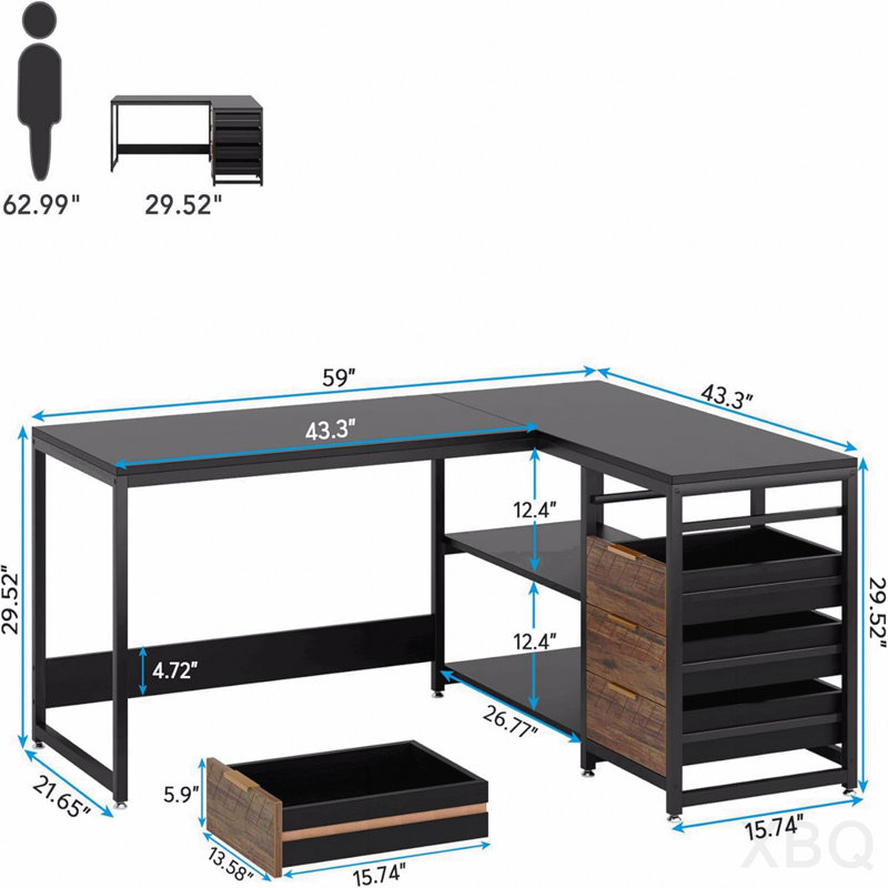 Bureau d'ordinateur réversible en forme de L de 150 cm avec tiroirs, tablettes de rangement et classeurs - Noir