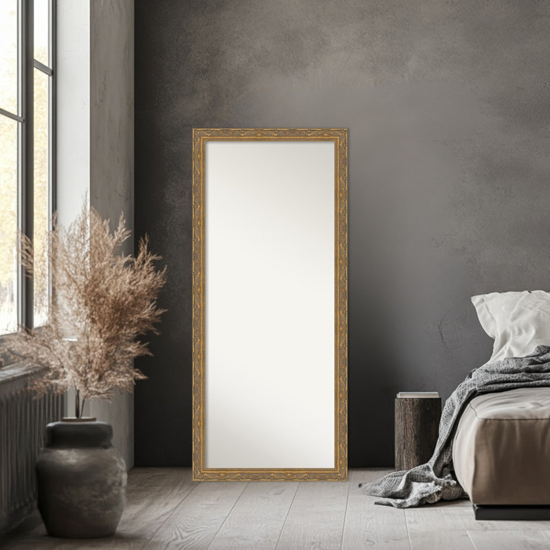 Filigree Non-Beveled Framed Full-Length Floor Leaner Mirror, Gold