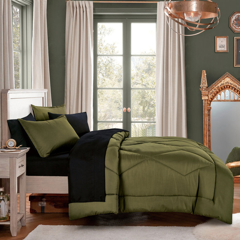 Ensemble d'édredon réversible 7 pièces 7 pièces, Édredon de très grande taille et 6 pièces suppl, Vert olive