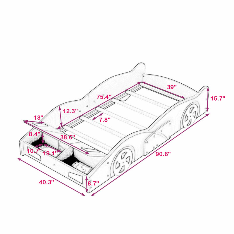 Lit plateforme en forme de voiture avec roulettes Abdullbasit, Noir / jaune