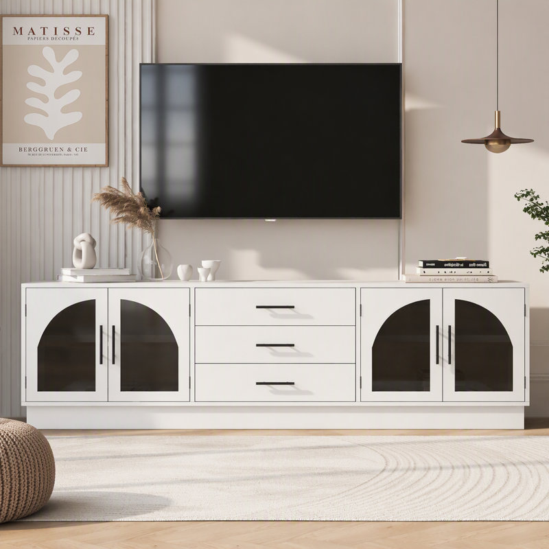 Meuble télé moderne et minimaliste, meuble multimédia avec tablettes réglables, Blanc