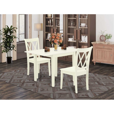 3 Piece Modern Dining Table Set Contains a Rectangle Wooden Table with Dropleaf and 2 Dining Chairs, Linen White
