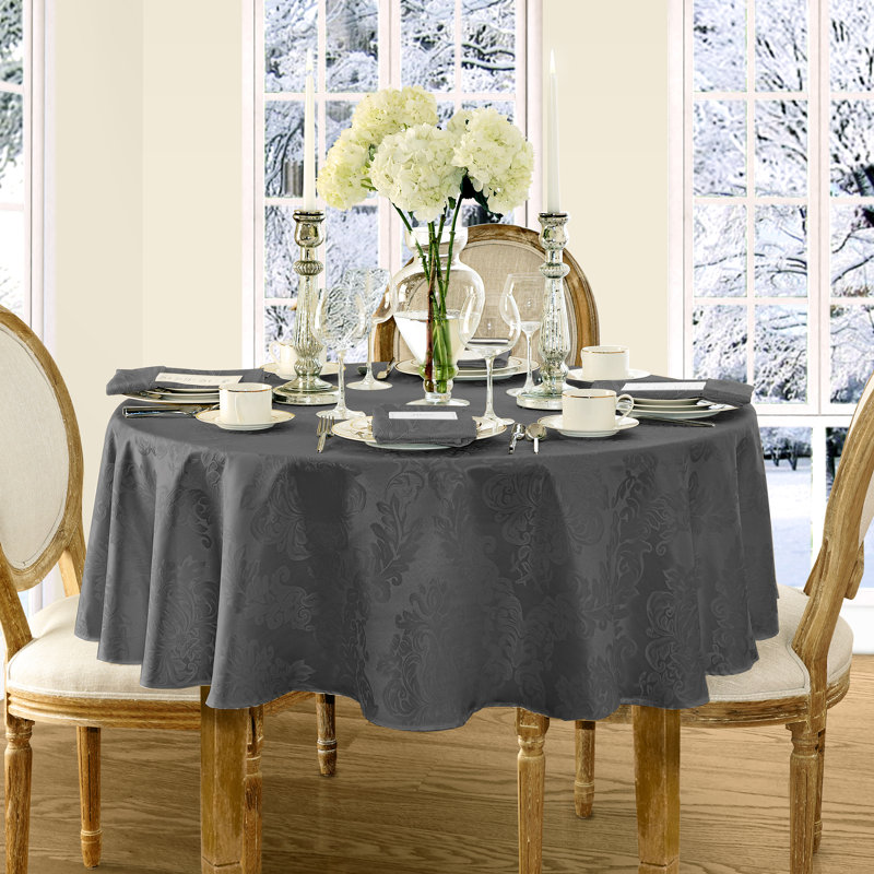 Gray Round Jacquard Damask Stain-Resistant Tablecloth