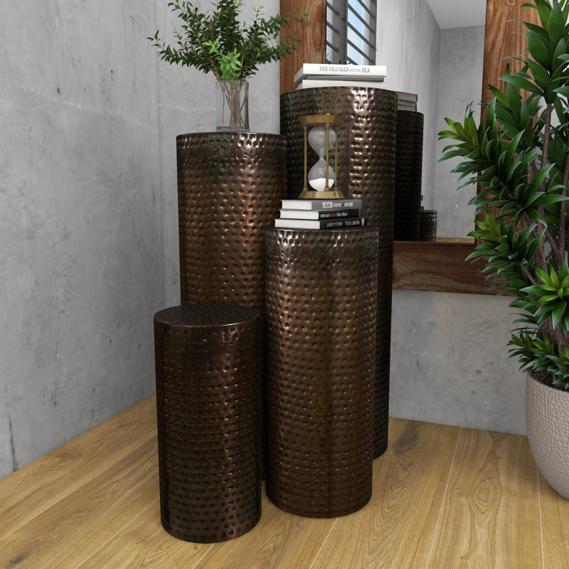 Beardall Metal Pillar Style Brown Pedestal Table with Hammered Design Set