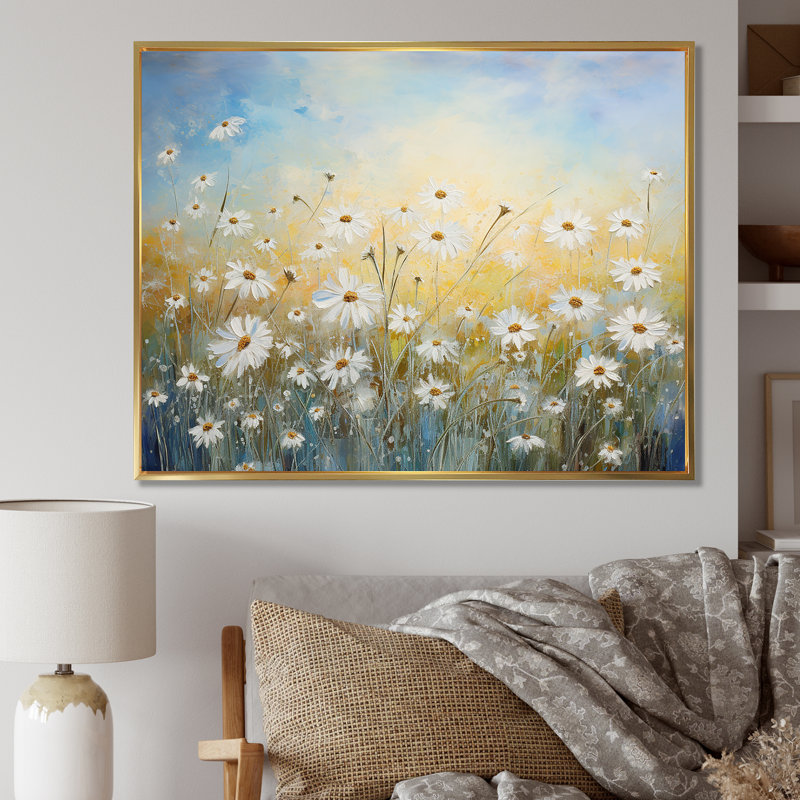 «Daisy Dreamscape Flowers Field III», reproduction sur toile, Cadre flottant doré, H 16 po x l 32 po x P 1,5 po