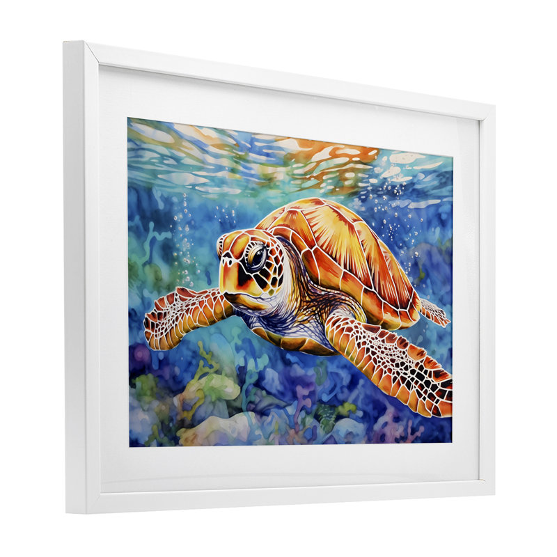 Tortue de mer brune sous la surface, reproduction encadrée sous verre, design par LSR Design Studio, H 17 po x l 23 po