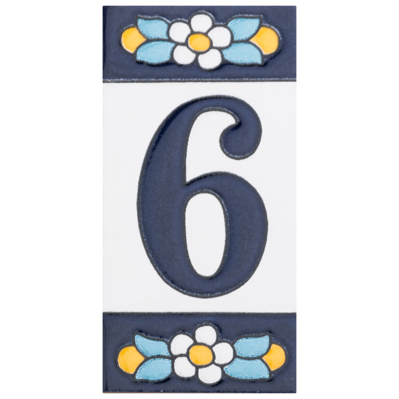 Sevillano 2.13" x 4.38" Ceramic Floral Address Number Wall Tile in White/Blue