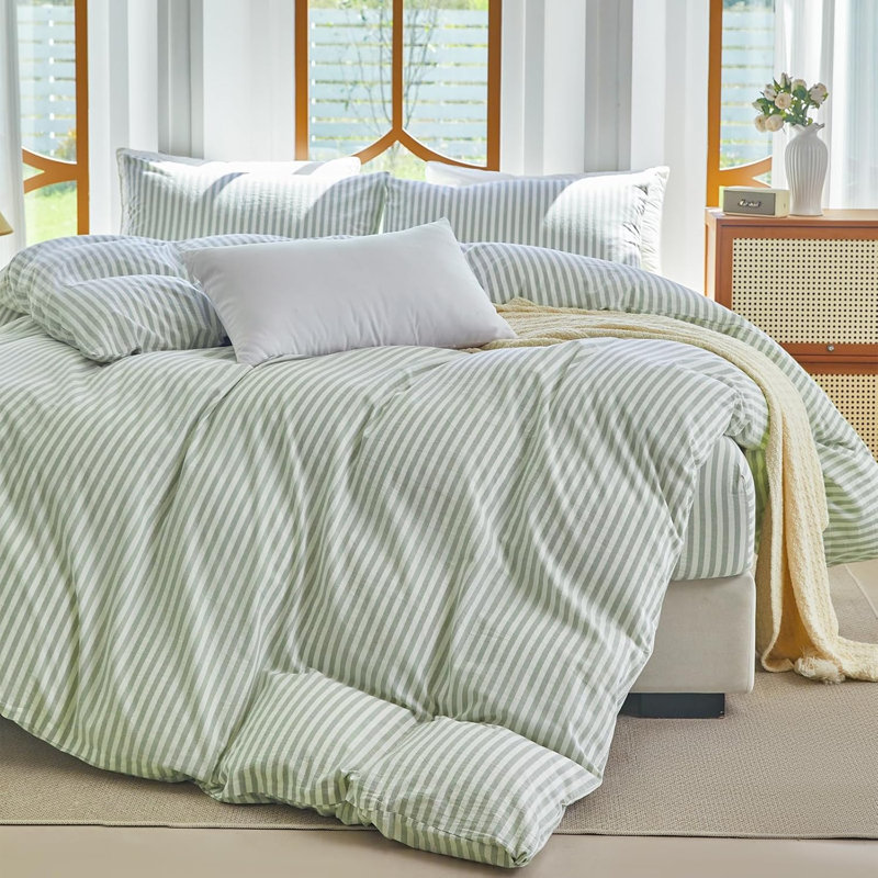 100% Washed Cotton Striped Duvet Cover Set Linen Like Comforter Set, Queen  Duvet Cover + 2 Shams, Sage Green/White