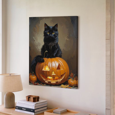 Halloween, chat, citrouille, automne douillet, citrouille d'Halloween, art mural sur toile prêt à accrocher, décoration de qualité supérieure