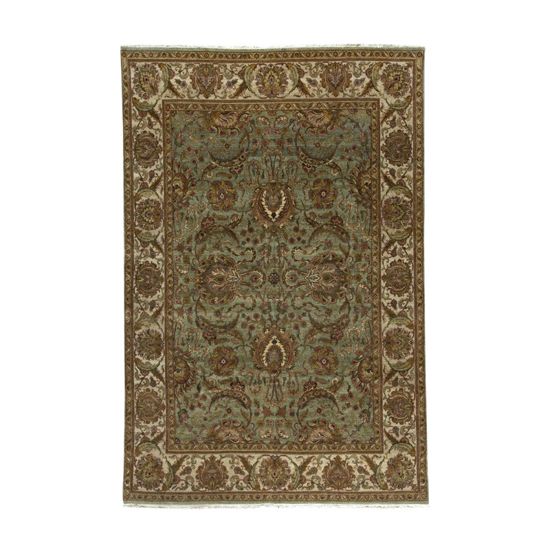 Tapis vert et ivoire noué à la main de haute qualité