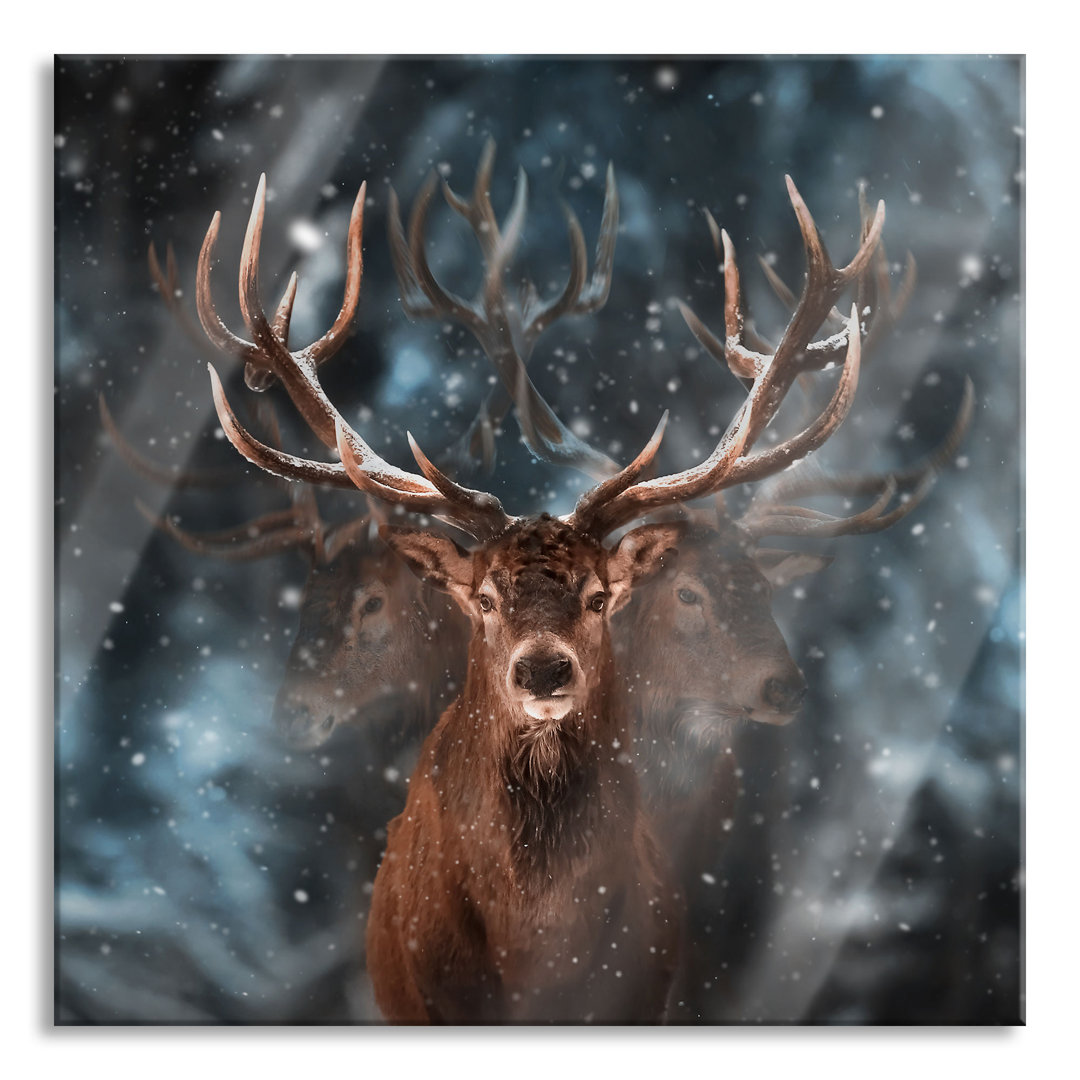 Ungerahmter Grafikdruck auf Glas "Powerful Deer in the Winter Forest"