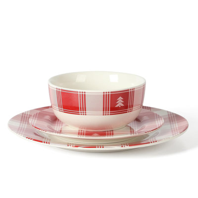 Martha Stewart 12 Piece Plaid Decorated Round Stoneware Dinnerware Set in Red and White