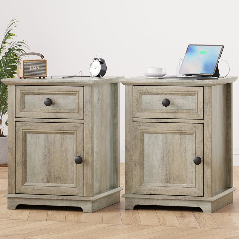 Azella 1-Drawer Frame End Table Set with Storage and Built-In Outlets, Split Oak