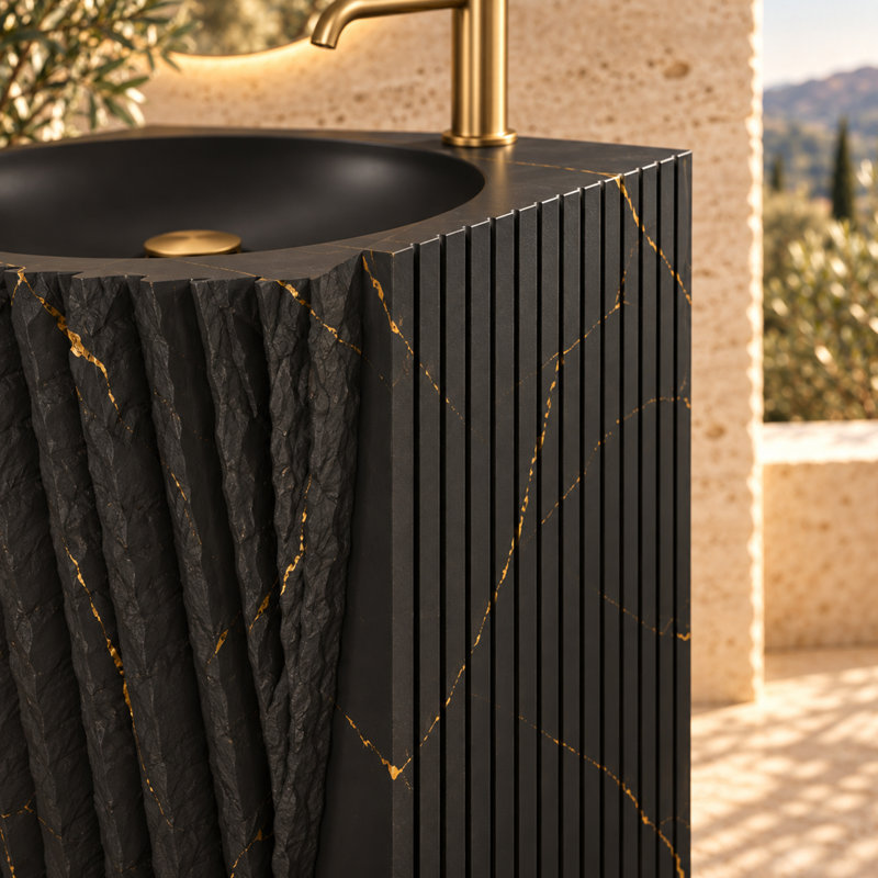 Lavabo sur pied rond Chloe de 48 cm de hauteur, en surface solide noire mate, avec trou pré-percé