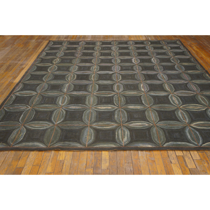 Tapis gris / noir en laine noué à la main de conception unique 9 pi x 12 pi