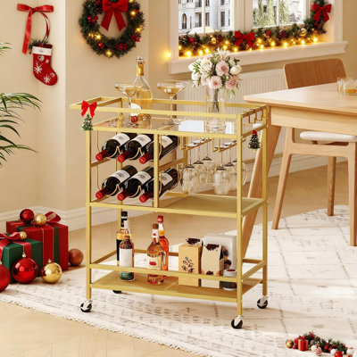Chariot-bar familial, chariot de salle à manger à trois couches avec roues et poignées, chariot à boissons avec porte-bouteilles et porte-verres