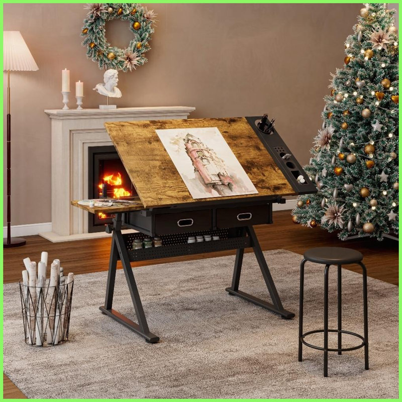 Table basse réglable pour bureau à domicile avec tabouret - panneau de fibres à densité moyenne de 18 mm, inclinaison de 0 à 75 °, hauteur de 69 à 91 cm 2 tiroirs de rangement