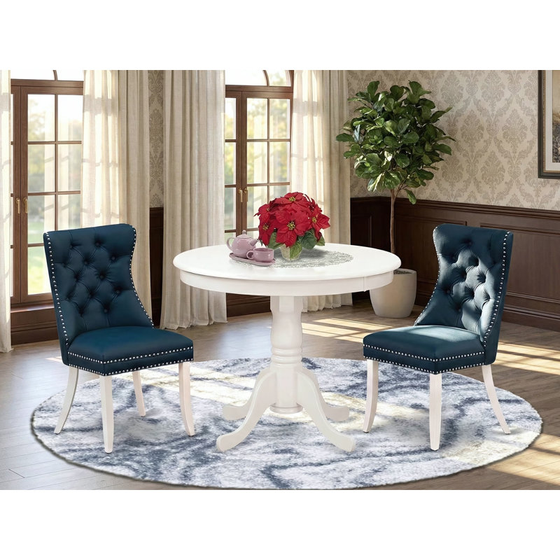 3 Piece Dining Room Set Consists of a Round Kitchen Table with Pedestal and 2 Padded Chairs, linen white, Navy/White