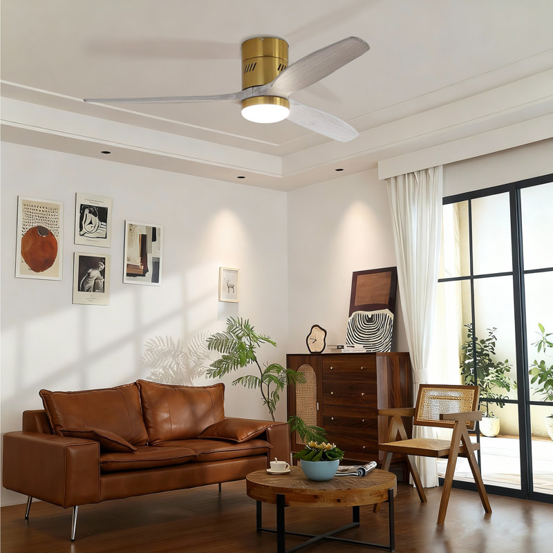 Ryme 52 In. Gold White Flush Mount Standard Ceiling Fan With Integrated LED With Remote Included DC Motor Reversible, Gold