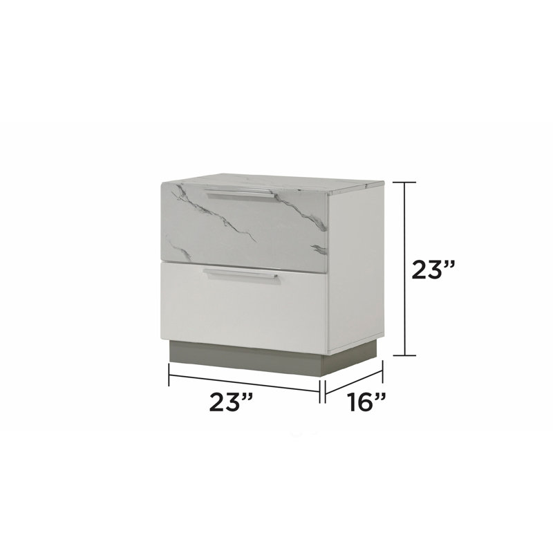 Table de chevet Mist - Finition bicolore très brillante en marbre et en laque avec deux tiroirs, intérieur doublé de velours et design élégant et compact