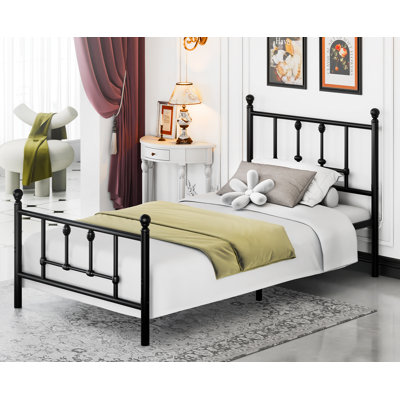 Twin 14 Inch  Victorian Vintage Metal Platform Bed Frame, Headboard Footboard, Underbed Storage, Black - No Box Spring Needed
