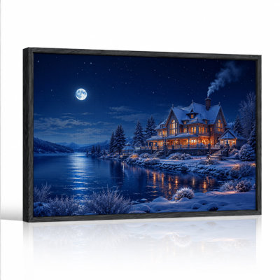 Maison enneigée se reflétant dans un lac sous la pleine lune - Toile murale d'Halloween