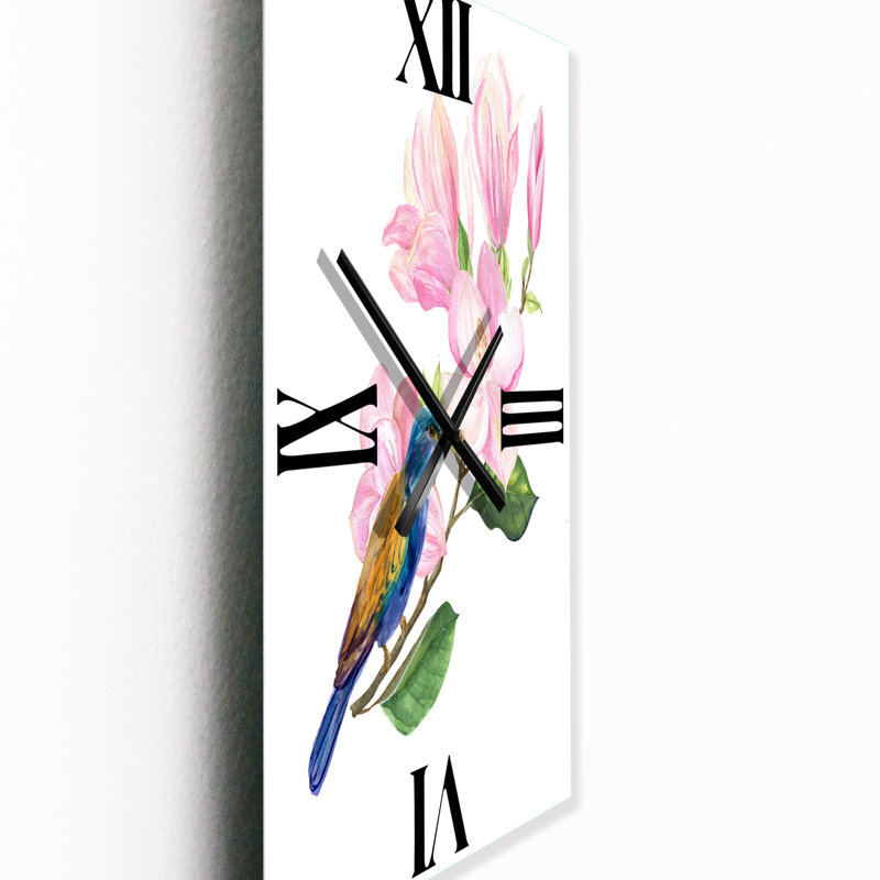 Oiseau bleu assis sur un brin de magnolia rose - Horloge murale traditionnelle, Petit