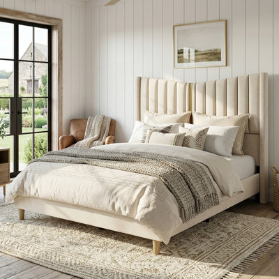 Upholstered Platform Bed with V-Shaped Tufted Velvet Headboard