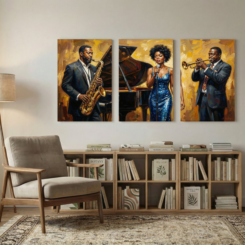 Ensemble de 3 reproductions d'art sur toile abstraites, "Jazz instruments jouer sur toile", 18” H x 36” W