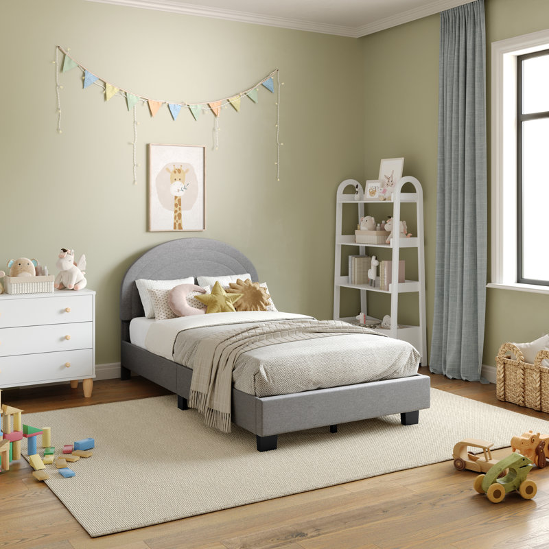 Aurey Upholstered Platform Bed Frame - Curved Stitched Headboard And Slat Foundation, Gray, Twin