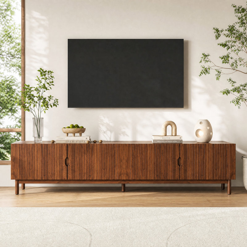 Meuble télé moderne de 220 cm (86,6 po) pour téléviseurs jusqu'à 229 cm (90 po) avec rangement à 4 portes, noyer