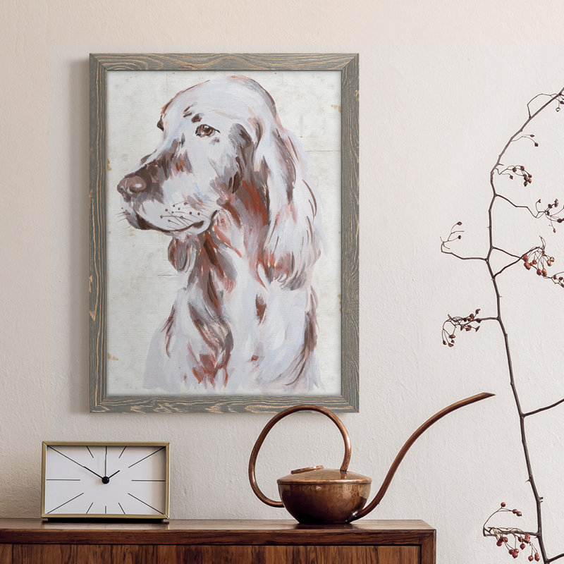 «Sitting Dog III», peinture sur toile encadrée, H 31 po x l 44 po x P 1 po, Encadré gris