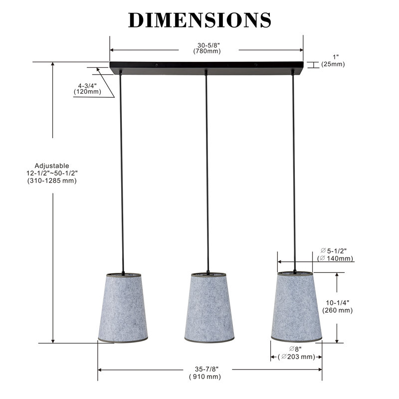 Luminaire suspendu en cordon de feutre gris 3 lumières 3 lumières