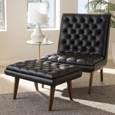 Corrigan StudioÂ® Studio Annetha Mid-Century Modern Black Faux Leather Upholstered Walnut Finished Wood Chair And Ottoman Set -  D39E4D5650BD49F9AAD7CD698700315D