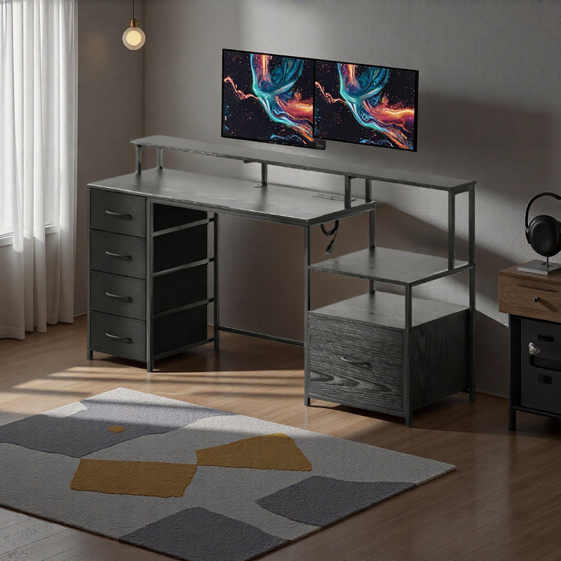 Computer Table With File Cabinet And Fabric Drawers,For Home And Office, Distressed Black/Black