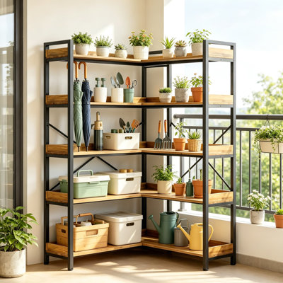 65-Inch 5-Tier L-Shaped Bookshelf With Hooks And Safety Rails, Industrial Wooden Corner Bookcase With Open Shelves And Metal Frame For Living Room, Bedroom, Home Office