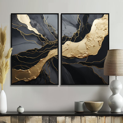 Minimalisme chrome noir et or Poteries - Spirales abstraites, art mural 2 panneaux